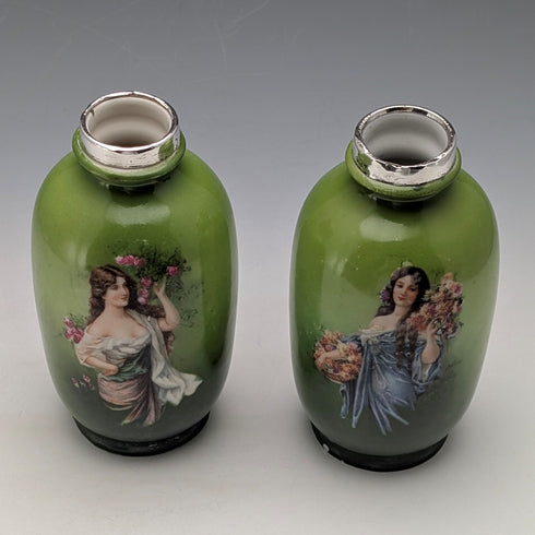1910 年英國古董陶器女人畫花瓶一對純銀裝飾